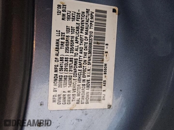2009 Honda Odyssey EX-L with VIN 5FNRL38699B037510, listed as a Copart auction lot 49621365 with 101,995 mi miles and Clean Title. Bid and sale history available at DreamBid. Image 13.