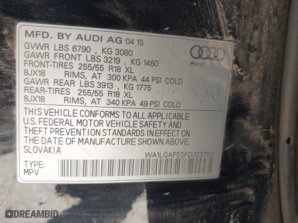2015 Audi Q7 3.0T Premium Plus with VIN WA1LGAFE0FD023758, listed as a IAAI auction lot 41906750 with 1 mi miles. Bid and sale history available at carsss.com. Image 9.