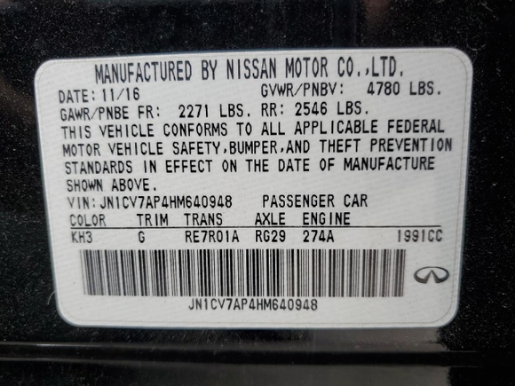 2017 Infiniti Q50 2.0t with VIN JN1CV7AP4HM640948, listed as a Copart auction lot 51890464 with NaN miles and Salvage Title. Bid and sale history available at carsss.com. Image 13.