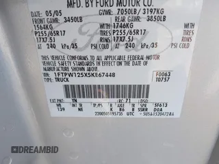 2005 Ford F-150 XLT with VIN 1FTPW125X5KE67448, listed as a IAAI auction lot 41975500 with 298,230 mi miles. Bid and sale history available at carsss.com. Image 9.
