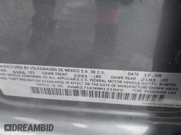 2009 Volkswagen Jetta SE with VIN 3VWRZ71K99M121820, listed as a IAAI auction lot 42458066 with 177,287 mi miles and . Bid and sale history available at DreamBid. Image 9.