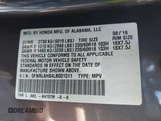 2020 Honda Odyssey Touring z VIN 5FNRL6H84LB001511, wystawiony jako IAAI lot #42194828 z przebiegiem 218 269 mil mil oraz . Historia ofert i sprzedaży dostępna na DreamBid. Obrazek 9.