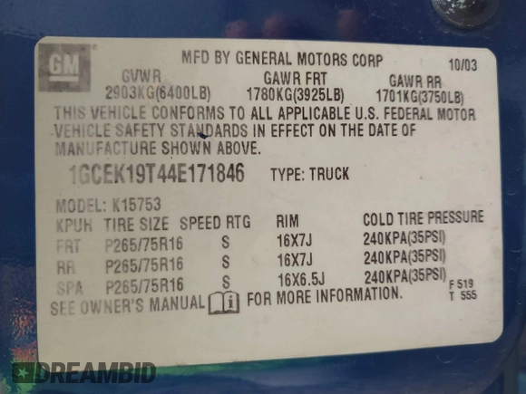 2004 Chevrolet Silverado 1500 Z71 with VIN 1GCEK19T44E171846, listed as a IAAI auction lot 42057527 with 229,080 mi miles and . Bid and sale history available at DreamBid. Image 9.