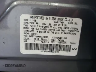 2015 Infiniti Q50 Premium with VIN JN1BV7ARXFM423026, listed as a Copart auction lot 58139225 with 130,544 mi miles and Salvage title. Bid and sale history available at DreamBid. Image 12.