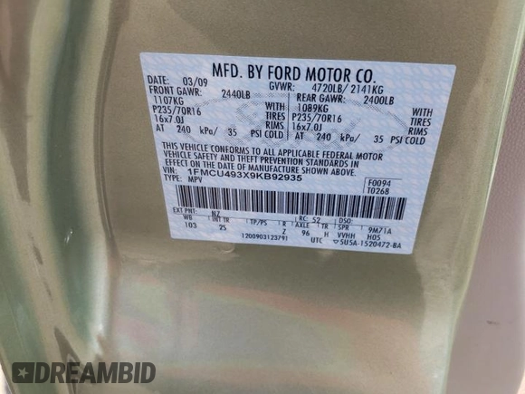 2009 Ford Escape Hybrid z VIN 1FMCU493X9KB92935, wystawiony jako Copart lot #47422465 z przebiegiem 130 226 mil mil oraz Szkoda całkowita • Salvage title. Historia ofert i sprzedaży dostępna na DreamBid. Obrazek 13.