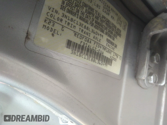 2008 Nissan Versa 1.8 S with VIN 3N1BC13E88L360499, listed as a IAAI auction lot 41336602 with 179,828 mi miles. Bid and sale history available at carsss.com. Image 9.