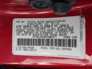 2012 Toyota Corolla L with VIN 5YFBU4EE0CP003371, listed as a IAAI auction lot 41814838 with 1 mi miles. Bid and sale history available at carsss.com. Image 9.