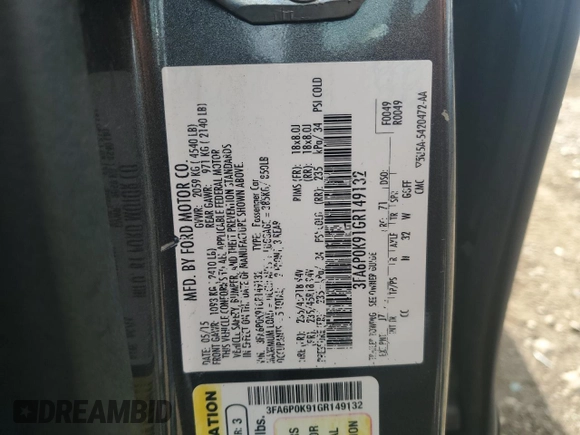 2016 Ford Fusion Titanium with VIN 3FA6P0K91GR149132, listed as a Copart auction lot 58351585 with 117,916 mi miles and Salvage title. Bid and sale history available at DreamBid. Image 12.