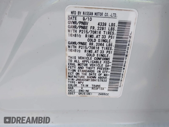 2011 Nissan Rogue SV with VIN JN8AS5MT3BW157820, listed as a IAAI auction lot 42028124 with 151,801 mi miles and . Bid and sale history available at carsss.com. Image 9.