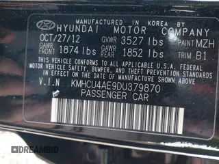 2013 Hyundai Accent GLS with VIN KMHCU4AE9DU379870, listed as a IAAI auction lot 41534029 with 102,610 mi miles. Bid and sale history available at carsss.com. Image 9.