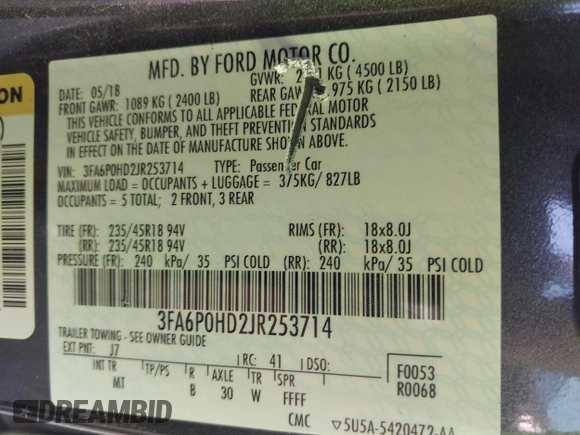 2018 Ford Fusion SE with VIN 3FA6P0HD2JR253714, listed as a IAAI auction lot 42059879 with 115,995 mi miles and . Bid and sale history available at DreamBid. Image 9.