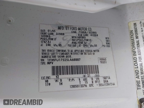 2005 Ford Expedition Eddie Bauer с VIN 1FMFU17525LA68887, выставлен на аукционе IAAI как лот 41882254 с пробегом 207 010 миль миль и . История ставок и продаж доступна на DreamBid. Изображение 9.