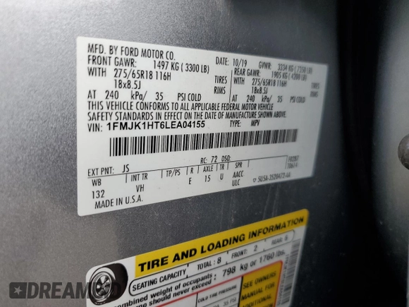 2020 Ford Expedition Max XLT with VIN 1FMJK1HT6LEA04155, listed as a Copart auction lot 84870554 with 98,274 mi miles and Salvage Title. Bid and sale history available at DreamBid. Image 14.