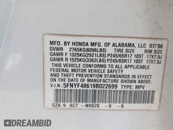 2009 Honda Pilot EX-L with VIN 5FNYF48619B022699, listed as a IAAI auction lot 42016173 with 204,190 mi miles and . Bid and sale history available at carsss.com. Image 9.