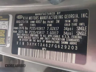 2015 Kia Sorento LX with VIN 5XYKT3A62FG629203, listed as a IAAI auction lot 40448787 with 114,429 mi miles. Bid and sale history available at carsss.com. Image 9.