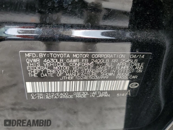 2014 Lexus IS 250 z VIN JTHBF1D24E5036999, wystawiony jako Copart lot #53072585 z przebiegiem 85 144 mil mil oraz Szkoda całkowita • Salvage title. Historia ofert i sprzedaży dostępna na DreamBid. Obrazek 13.