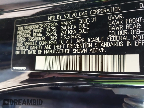 2015 Volvo XC60 T6 with VIN YV4902RK3F2721804, listed as a IAAI auction lot 41833744 with 105,855 mi miles and . Bid and sale history available at DreamBid. Image 9.