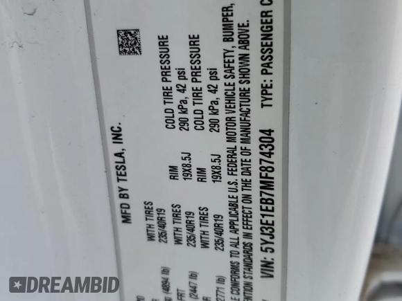 2021 Tesla Model 3 Long Range with VIN 5YJ3E1EB7MF874304, listed as a Copart auction lot 52652825 with Not Provided miles and Salvage Title. Bid and sale history available at carsss.com. Image 14.