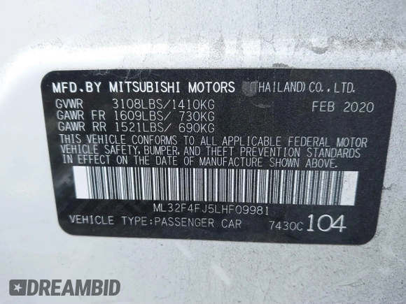 2020 Mitsubishi Mirage G4 SE with VIN ML32F4FJ5LHF09981, listed as a IAAI auction lot 40690403 with Not Provided miles. Bid and sale history available at carsss.com. Image 9.