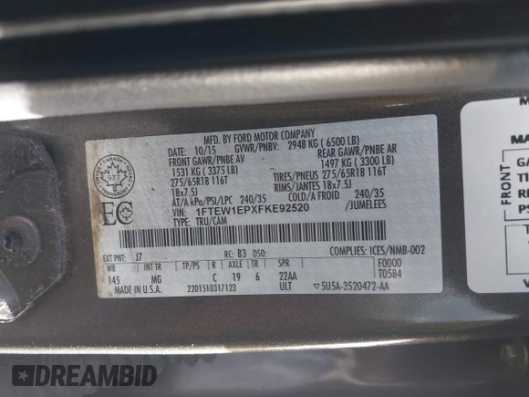 2015 Ford F-150 XLT with VIN 1FTEW1EPXFKE92520, listed as a IAAI auction lot 42288170 with 104,515 mi miles and . Bid and sale history available at DreamBid. Image 9.