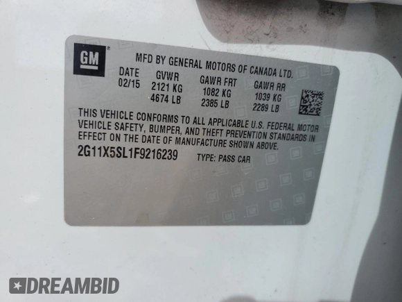 2015 Chevrolet Impala LS with VIN 2G11X5SL1F9216239, listed as a Copart auction lot 50215865 with 150,976 mi miles and Salvage Title. Bid and sale history available at DreamBid. Image 12.