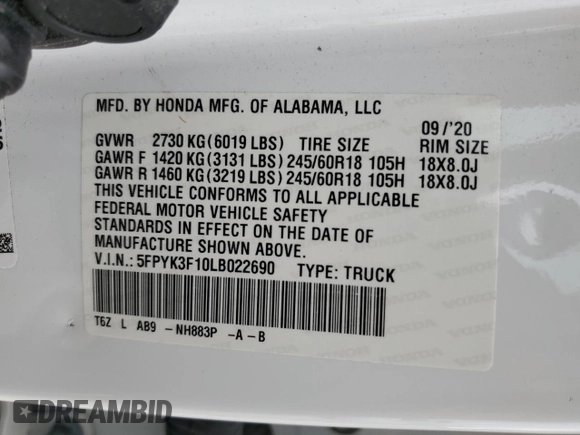2020 Honda Ridgeline Sport z VIN 5FPYK3F10LB022690, wystawiony jako Copart lot #55511695 z przebiegiem 62 244 mil mil oraz Szkoda całkowita • Salvage title. Historia ofert i sprzedaży dostępna na DreamBid. Obrazek 13.