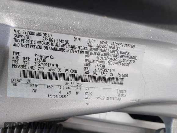 2016 Ford Focus SE with VIN 1FADP3F29GL231310, listed as a IAAI auction lot 42396437 with 170,175 mi miles and . Bid and sale history available at DreamBid. Image 9.