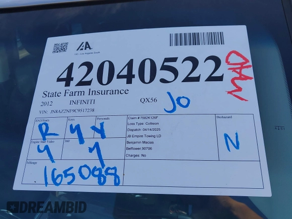 2012 Infiniti QX56 7-passenger with VIN JN8AZ2NF9C9517238, listed as a IAAI auction lot 42040522 with 165,088 mi miles. Bid and sale history available at carsss.com. Image 18.