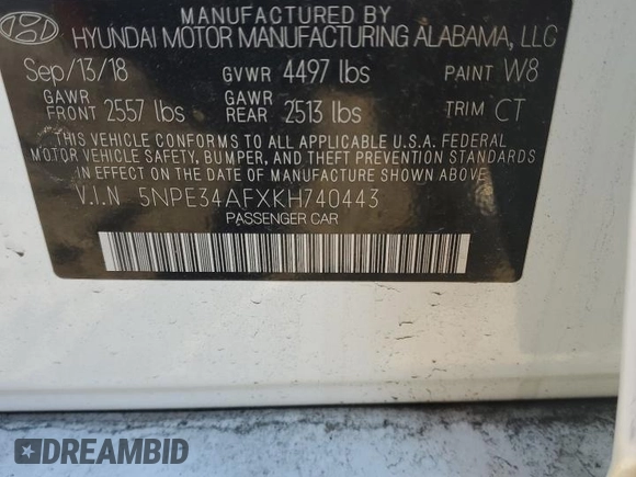 2019 Hyundai Sonata SEL with VIN 5NPE34AFXKH740443, listed as a Copart auction lot 49321825 with 52,162 mi miles and Salvage Title. Bid and sale history available at DreamBid. Image 13.