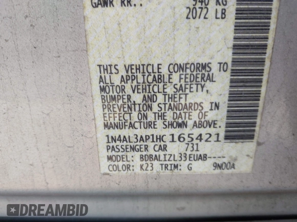 2017 Nissan Altima S with VIN 1N4AL3AP1HC165421, listed as a IAAI auction lot 42560929 with 168,736 mi miles and . Bid and sale history available at DreamBid. Image 9.