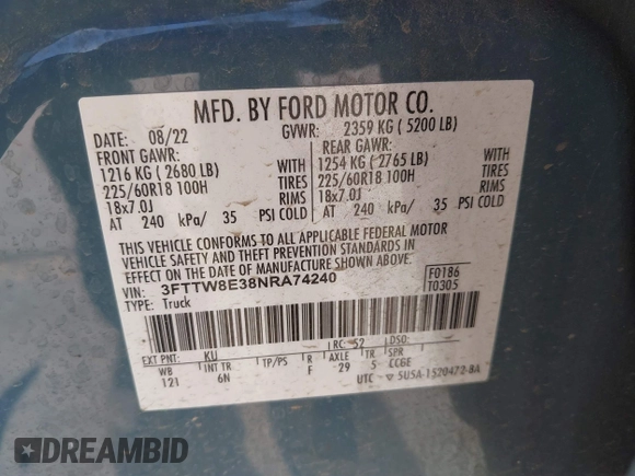 2022 Ford Maverick XL z VIN 3FTTW8E38NRA74240, wystawiony jako IAAI lot #42028451 z przebiegiem 28 166 mil mil oraz . Historia ofert i sprzedaży dostępna na DreamBid. Obrazek 9.