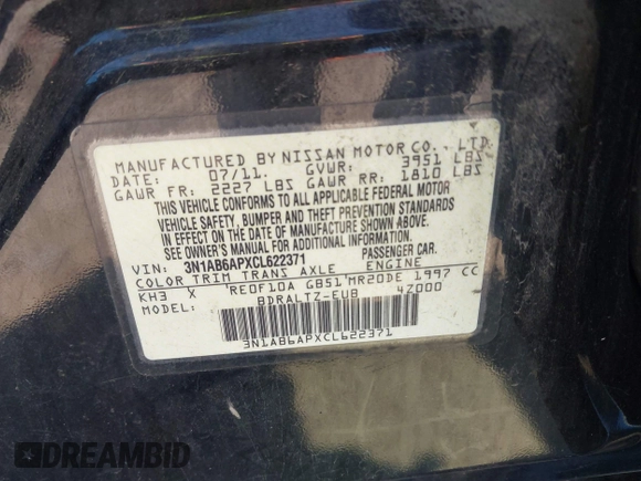 2012 Nissan Sentra SR with VIN 3N1AB6APXCL622371, listed as a IAAI auction lot 42092611 with 109,086 mi miles and . Bid and sale history available at DreamBid. Image 9.