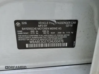2016 BMW 3 Series 328i xDrive z VIN WBA8E3G57GNU00476, wystawiony jako Copart lot #54625345 z przebiegiem 75 079 mil mil oraz Szkoda całkowita • Salvage title. Historia ofert i sprzedaży dostępna na DreamBid. Obrazek 12.