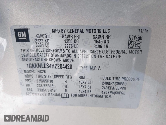 2017 GMC Acadia SLE with VIN 1GKKNLLS4HZ204420, listed as a IAAI auction lot 41597516 with 87,020 mi miles and . Bid and sale history available at DreamBid. Image 9.