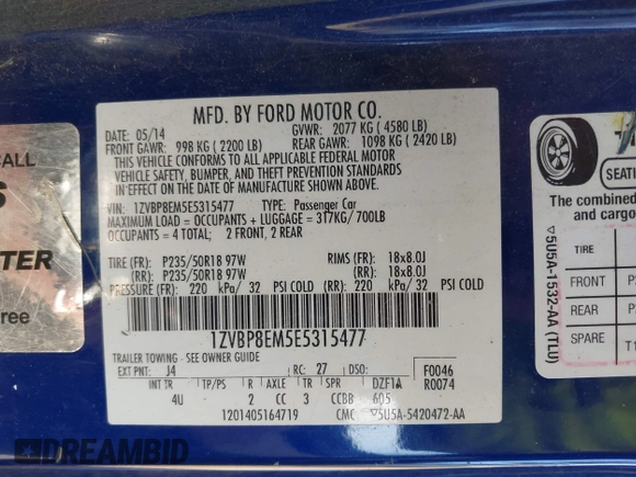 2014 Ford Mustang V6 z VIN 1ZVBP8EM5E5315477, wystawiony jako IAAI lot #42222514 z przebiegiem 215 618 mil mil oraz . Historia ofert i sprzedaży dostępna na DreamBid. Obrazek 9.