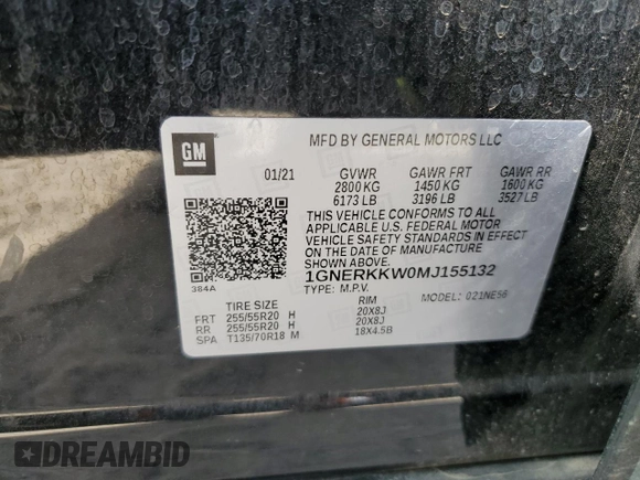 2021 Chevrolet Traverse Premier with VIN 1GNERKKW0MJ155132, listed as a Copart auction lot 53668635 with 91,501 mi miles and Salvage title. Bid and sale history available at DreamBid. Image 15.