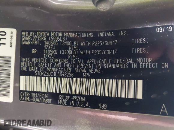 2020 Toyota Sienna LE Auto Access Seat with VIN 5TDKZ3DC1LS048256, listed as a IAAI auction lot 41279084 with 61,689 mi miles and . Bid and sale history available at DreamBid. Image 9.