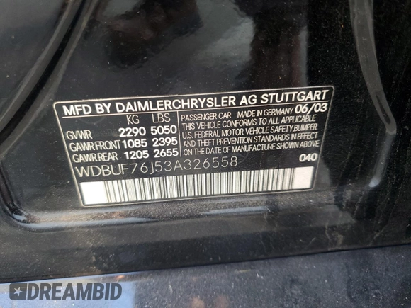 2003 Mercedes-Benz E-Class 5.5L AMG with VIN WDBUF76J53A326558, listed as a Copart auction lot 89382115 with 0 mi miles and Clean Title. Bid and sale history available at carsss.com. Image 12.