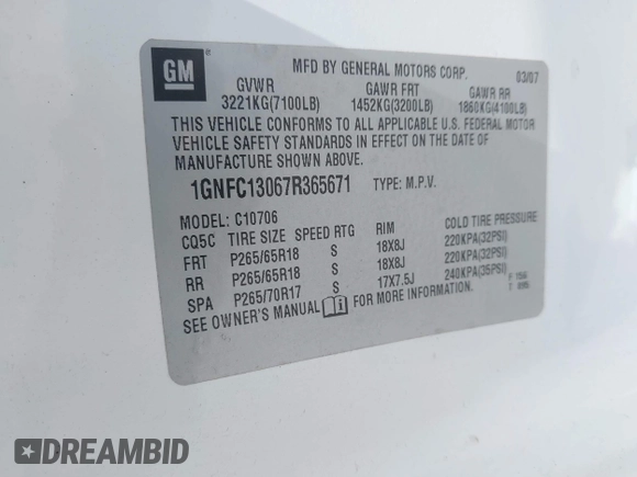 2007 Chevrolet Tahoe LTZ with VIN 1GNFC13067R365671, listed as a IAAI auction lot 42488123 with 255,079 mi miles and . Bid and sale history available at DreamBid. Image 9.