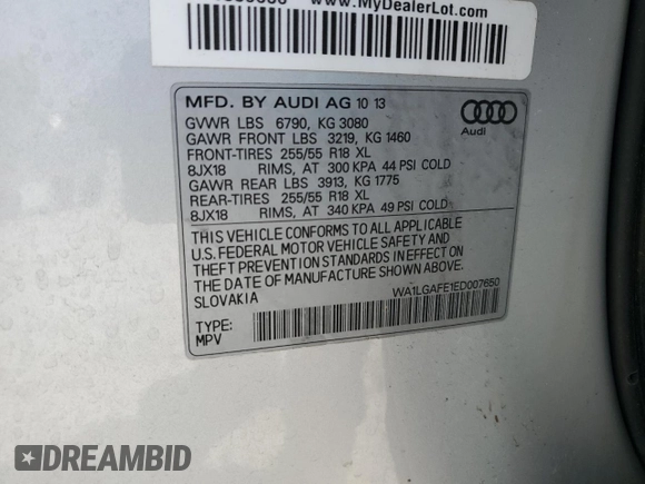 2014 Audi Q7 Premium Plus with VIN WA1LGAFE1ED007650, listed as a Copart auction lot 59182355 with 157,573 mi miles and Salvage title. Bid and sale history available at DreamBid. Image 13.