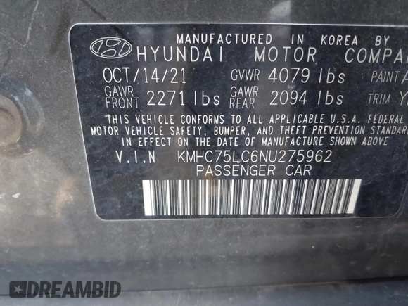 2022 Hyundai Ioniq SE с VIN KMHC75LC6NU275962, выставлен на аукционе IAAI как лот 41297650 с пробегом 28 274 миль миль и . История ставок и продаж доступна на DreamBid. Изображение 9.