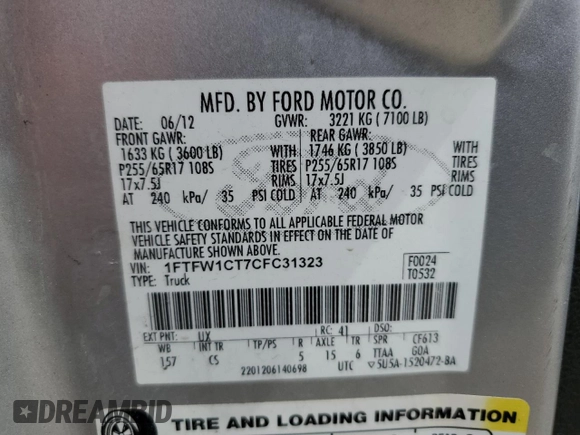 2012 Ford F-150 XL z VIN 1FTFW1CT7CFC31323, wystawiony jako Copart lot #53886455 z przebiegiem 150 947 mil mil oraz Szkody całkowita. Historia ofert i sprzedaży dostępna na DreamBid. Obrazek 12.