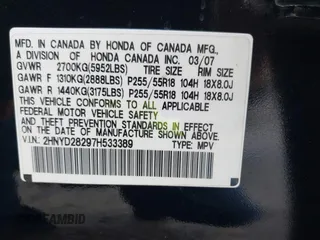 2007 Acura MDX with VIN 2HNYD28297H533389, listed as a IAAI auction lot 41679264 with 219,440 mi miles. Bid and sale history available at carsss.com. Image 9.