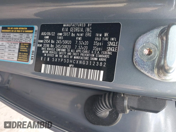 2022 Kia Telluride SX with VIN 5XYP5DHCXNG312382, listed as a IAAI auction lot 42129635 with 28,637 mi miles and . Bid and sale history available at DreamBid. Image 9.