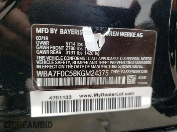 2019 BMW 7 Series 750i with VIN WBA7F0C58KGM24375, listed as a Copart auction lot 73192983 with 0 mi miles. Bid and sale history available at carsss.com. Image 15.