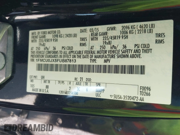 2015 Ford Escape Titanium с VIN 1FMCU0JX5FUB87813, выставлен на аукционе IAAI как лот 42035295 с пробегом 148 430 миль миль и . История ставок и продаж доступна на DreamBid. Изображение 9.