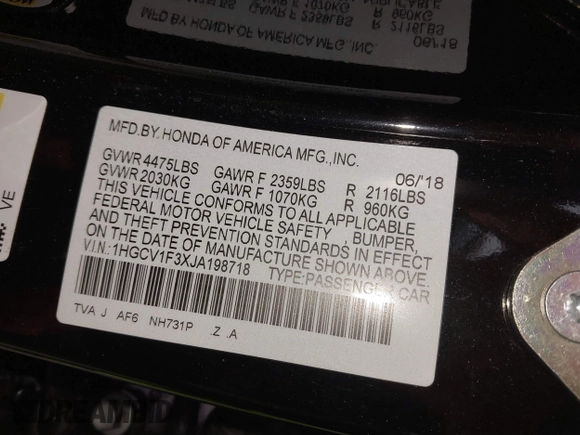2018 Honda Accord Sedan Sport 1.5T with VIN 1HGCV1F3XJA198718, listed as a IAAI auction lot 41772799 with 120,475 mi miles. Bid and sale history available at carsss.com. Image 9.