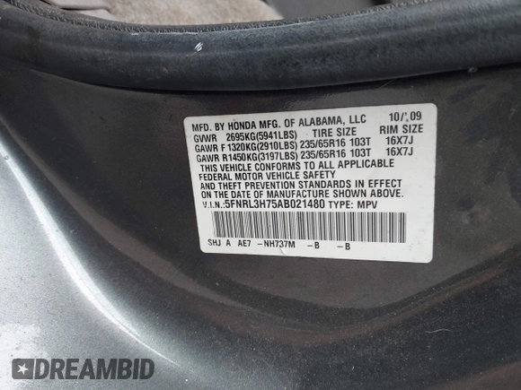 2010 Honda Odyssey EX-L with VIN 5FNRL3H75AB021480, listed as a IAAI auction lot 41793994 with 169,386 mi miles and . Bid and sale history available at DreamBid. Image 9.
