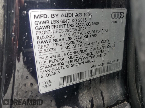 2021 Audi RS Q8 z VIN WU1ARBF12MD011914, wystawiony jako Copart lot #58543615 z przebiegiem Nie podano mil oraz Szkody całkowita. Historia ofert i sprzedaży dostępna na DreamBid. Obrazek 14.