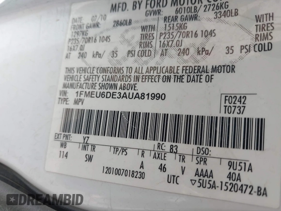 2010 Ford Explorer XLT with VIN 1FMEU6DE3AUA81990, listed as a IAAI auction lot 41788847 with 120,382 mi miles. Bid and sale history available at carsss.com. Image 9.